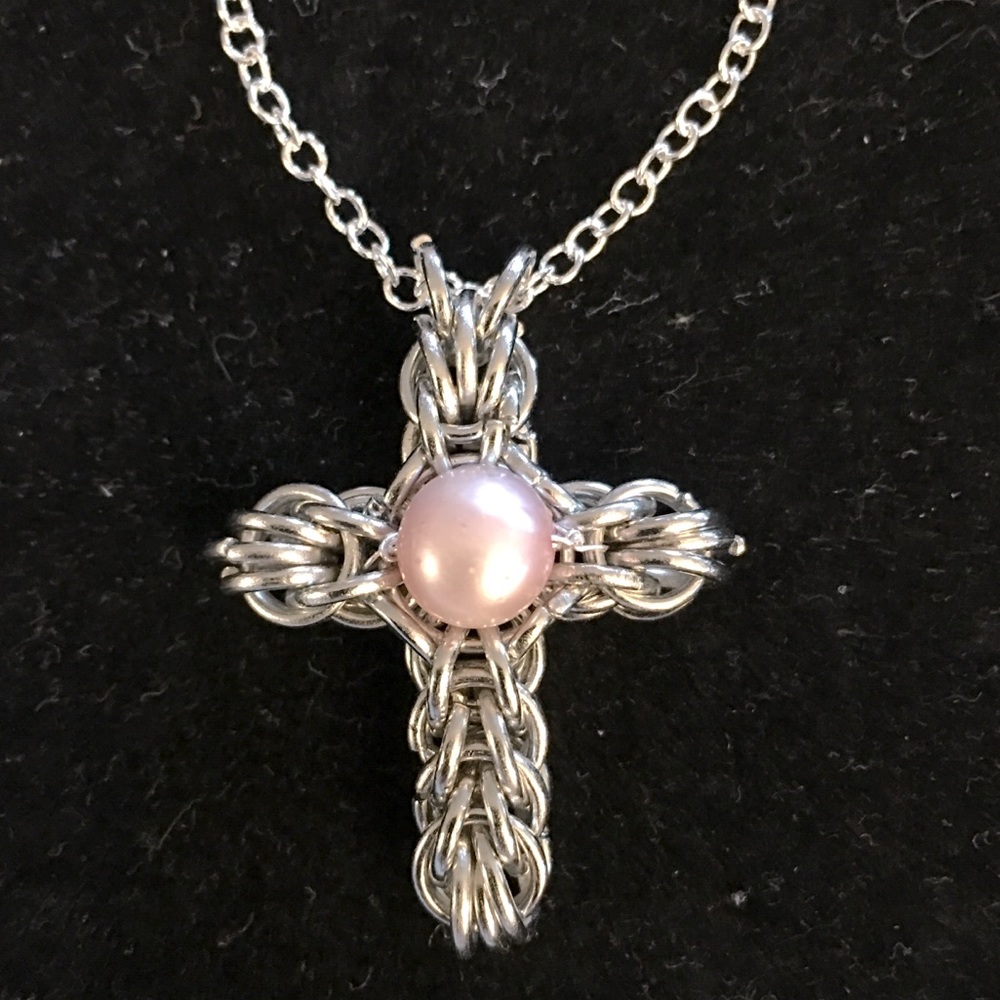 Pink Pearl Cross in Platinum Handmade Chainmaille Necklace